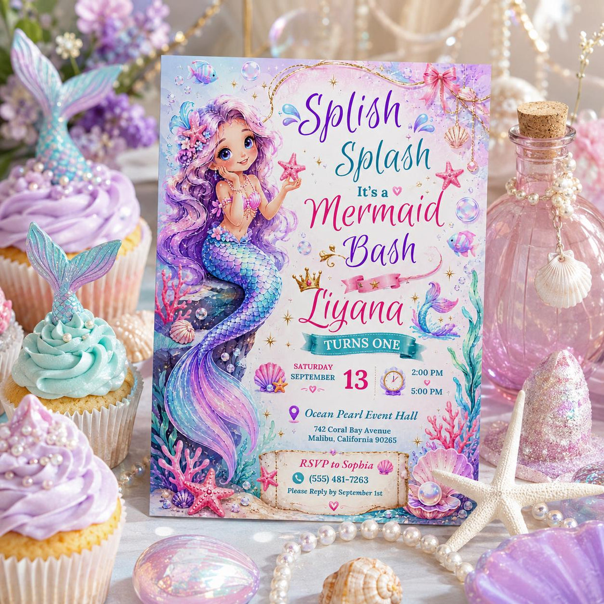 Editable Mermaid Birthday Invitation Canva Template, Pink Purple Gold Girls Cute Fun DIY Chic Kids Party Invite, Printable Digital Download.