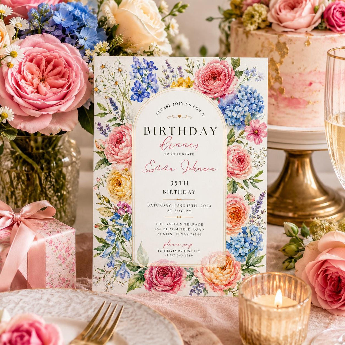 Editable Floral Birthday Invitation Canva Template, Luxury Girls Adult Cute Fun DIY Chic Kids Teen Party Invite, Printable Digital Download.