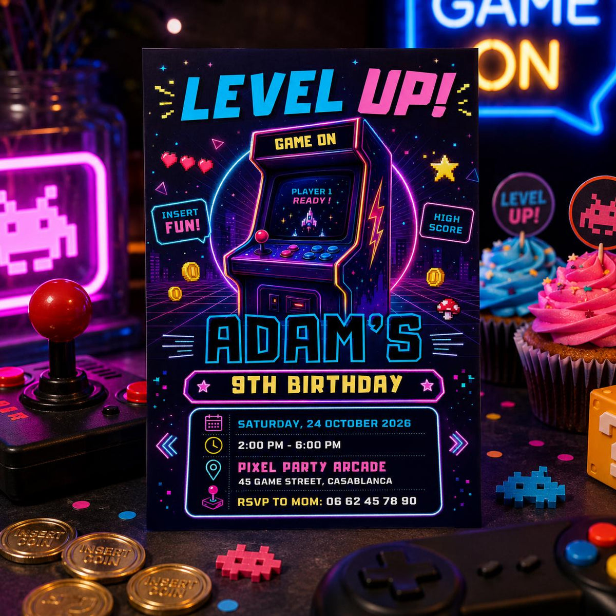 Editable Neon Glow Birthday Invitation Canva Template, Neon Cute Modern Fun Themed Custom DIY Chic Party Invite, Printable Digital Download.