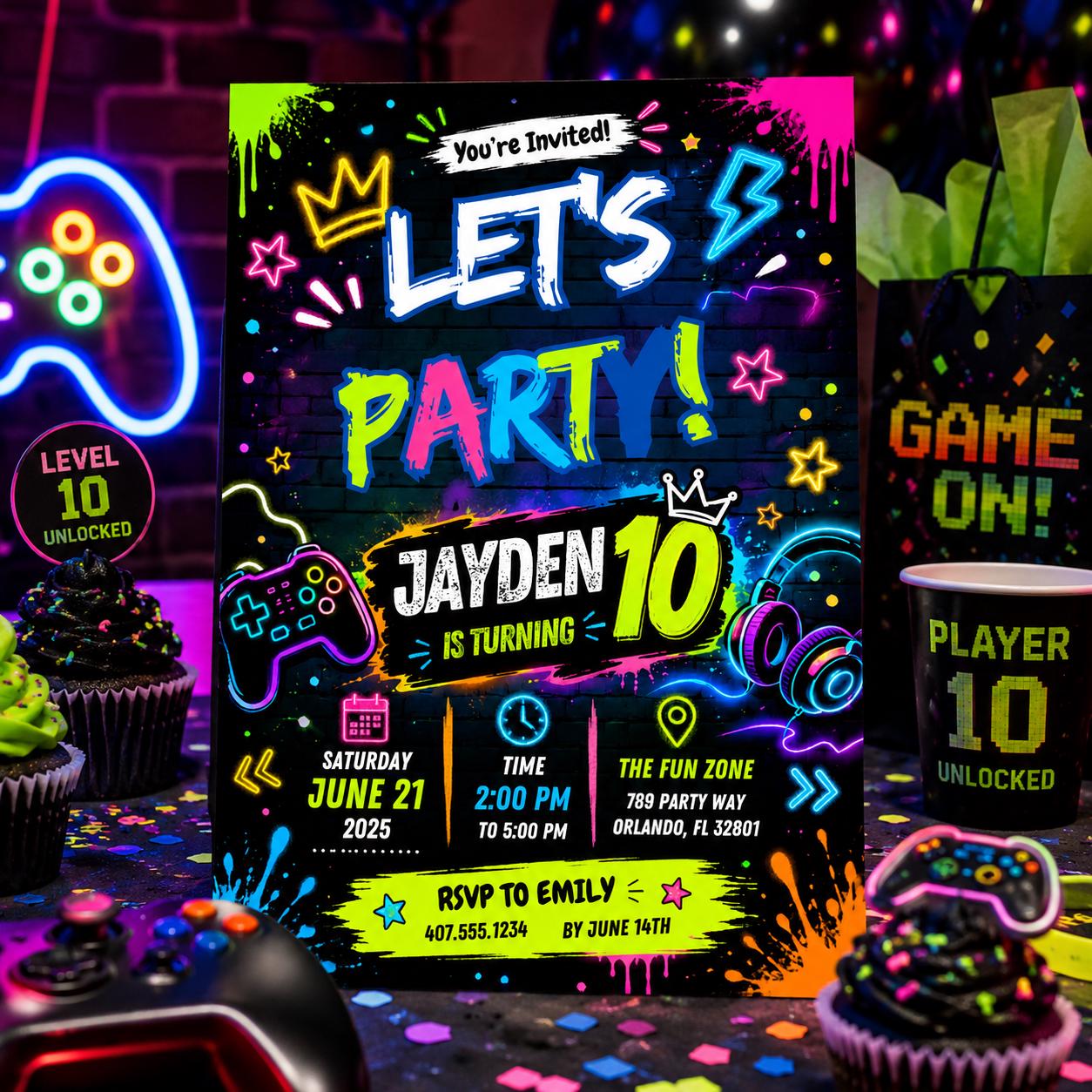 Editable Neon Glow Birthday Invitation Canva Template, Blue Green Boys Kids Neon Cute Fun DIY Chic Party Invite, Printable Digital Download.
