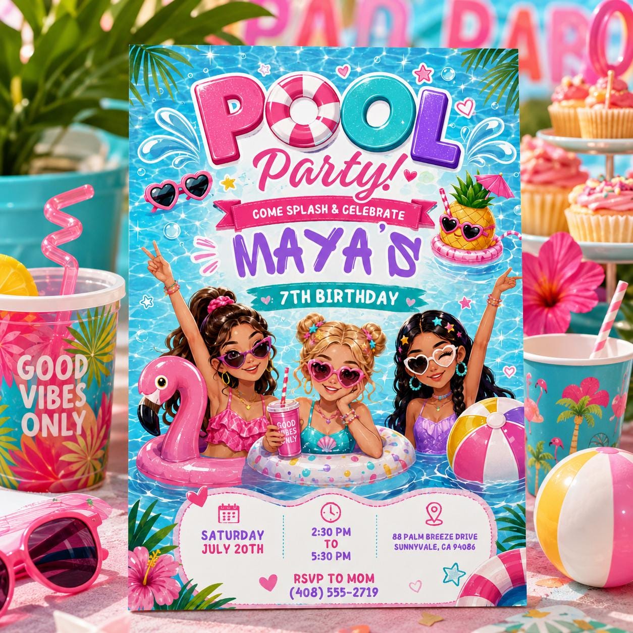 Editable Pool Birthday Invitation Canva Template, Girls Teens Pool Cute Modern Fun Themed DIY Chic Party Invite, Printable Digital Download.