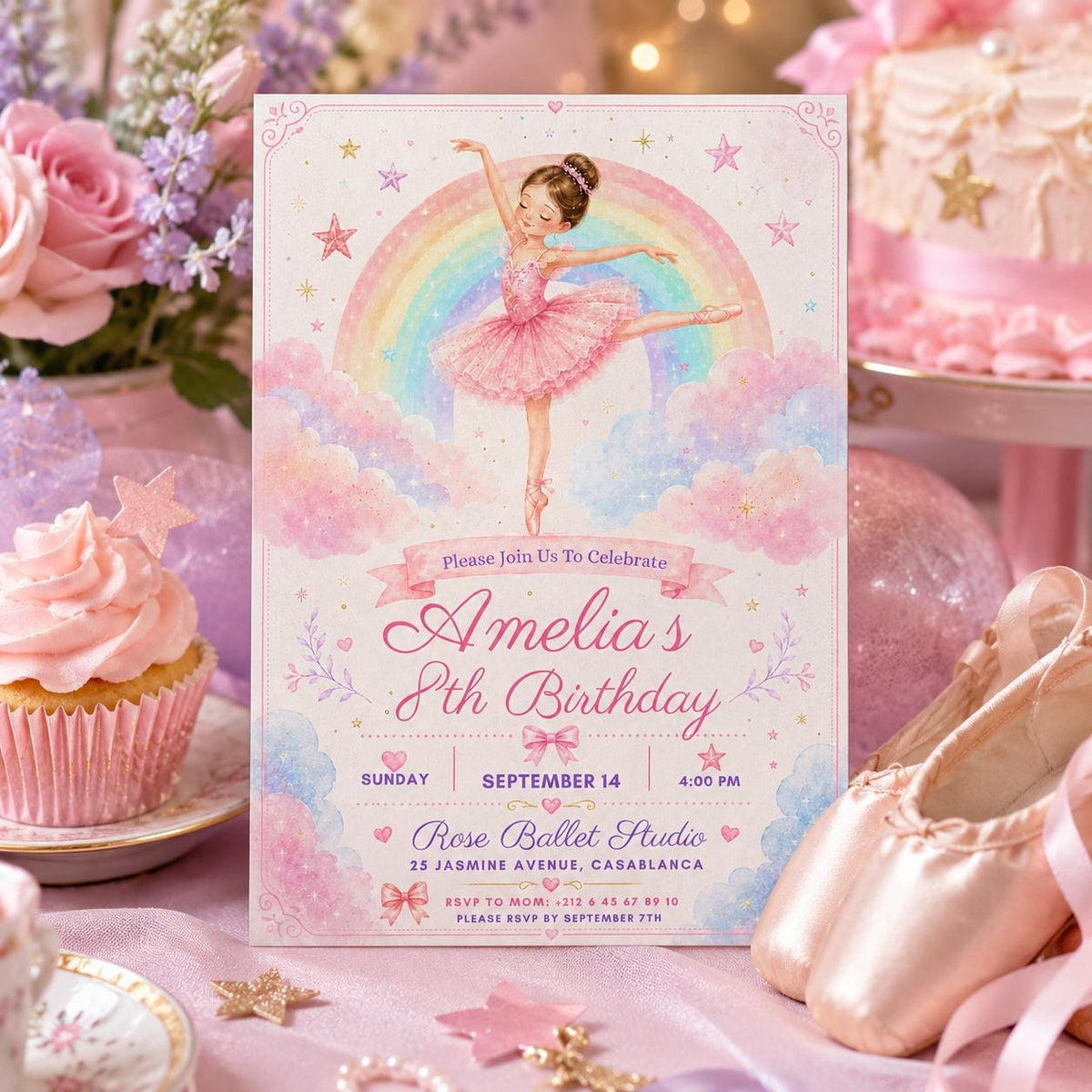 Editable Rainbow Birthday Invitation Canva Template, Pink Girls Kids Cute Modern Fun DIY Chic Teen Party Invite, Printable Digital Download.