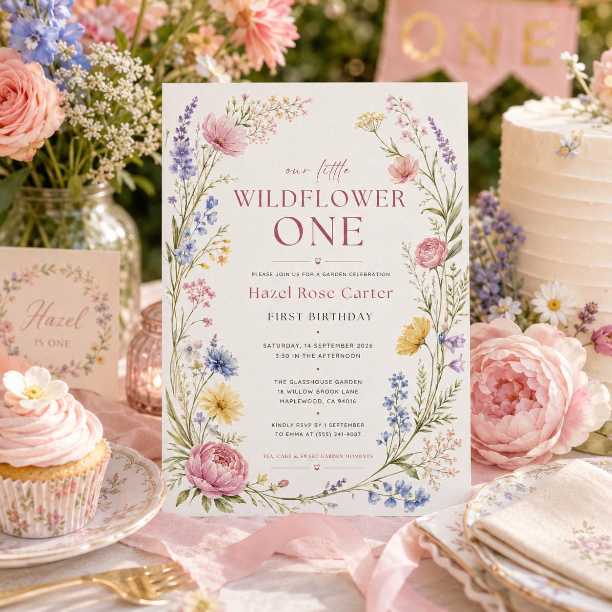Editable Wildflower Birthday Invitation Canva Template, Boho Floral Girls Kids Cute Modern Fun DIY Party Invite, Printable Digital Download.