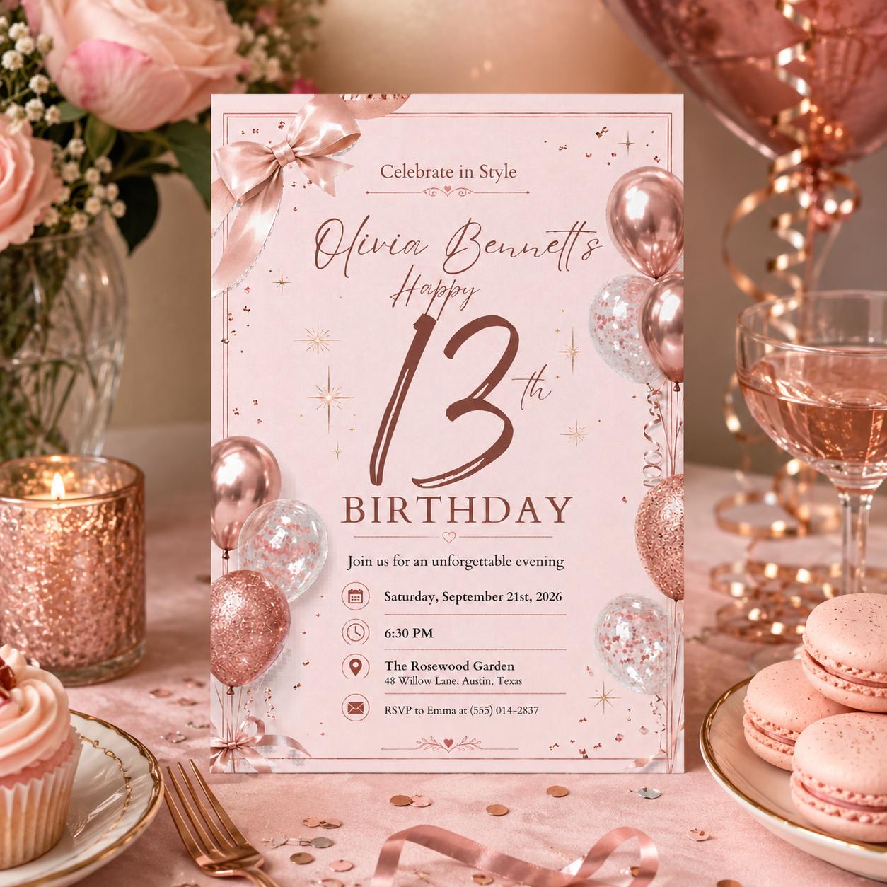 Editable 13th Birthday Invitation Canva Template, Pink Gold Luxury Floral Cute Modern Fun DIY Chic Party Invite, Printable Digital Download.