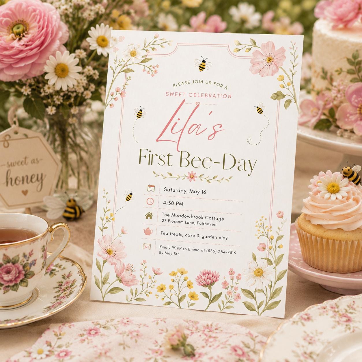 Editable Floral Birthday Invitation Canva Template, Girls Kids Floral Cute Fun DIY Sweet Chic Teen Party Invite, Printable Digital Download.