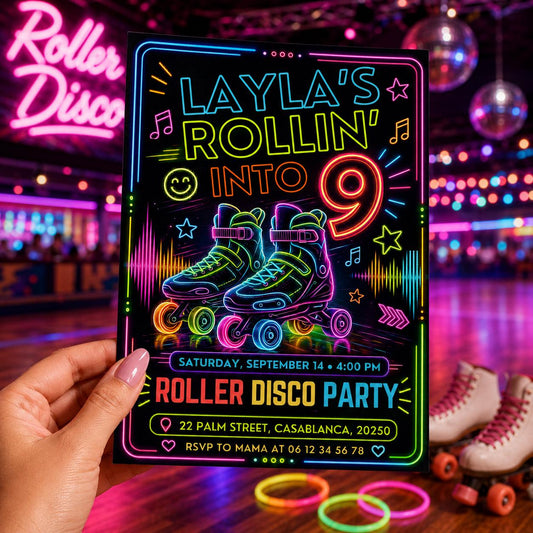 Editable Neon Glow Birthday Invitation Canva Template, Kids Teens Neon Cute Modern Fun Instant DIY Party Invite, Printable Digital Download.