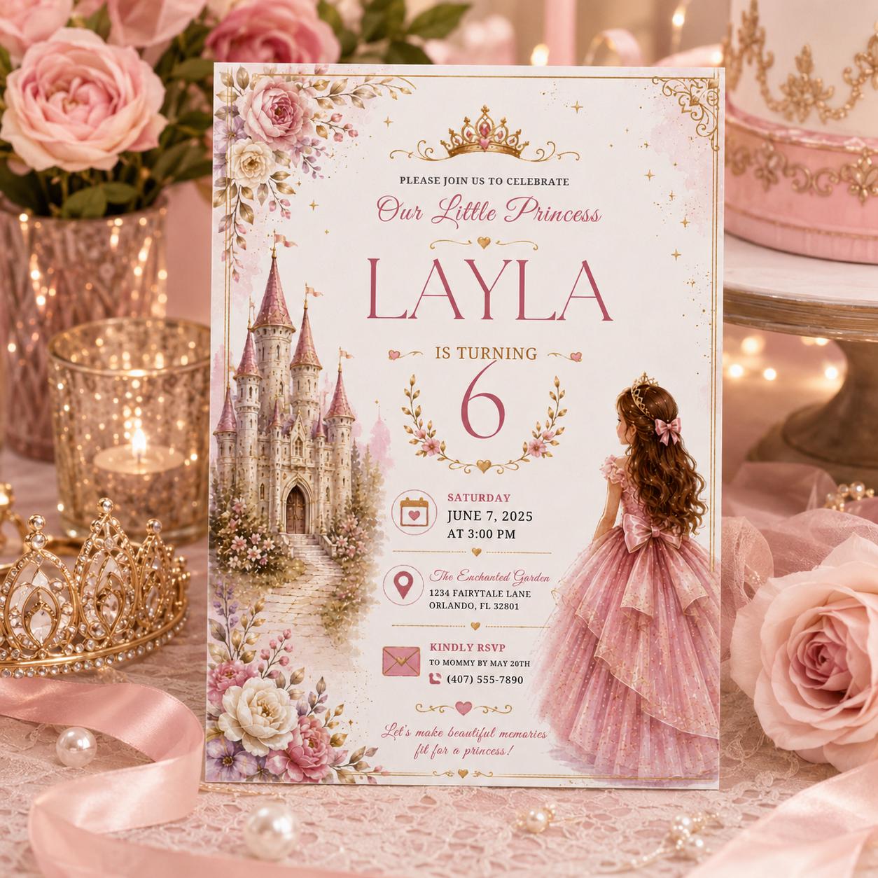 Editable Princess Birthday Invitation Canva Template, Girls Cute Modern Fun Themed Custom DIY Chic Party Invite, Printable Digital Download.