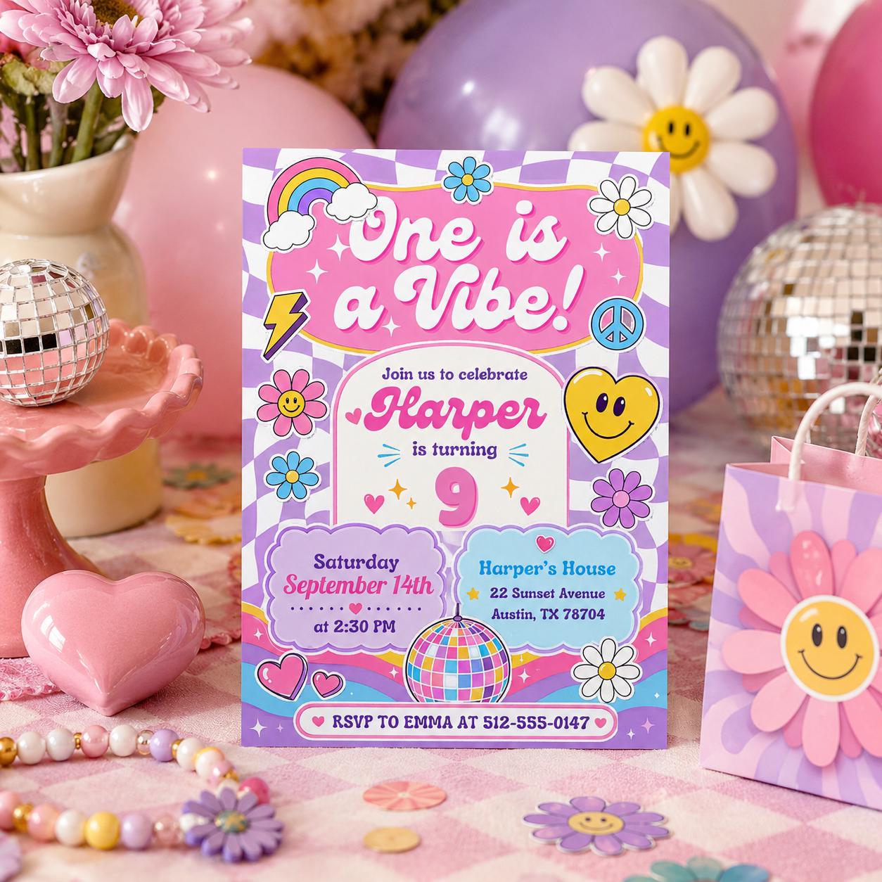 Editable Groovy Retro Birthday Invitation Canva Template, Girls Kids Teens Retro Cute Fun DIY Chic Party Invite, Printable Digital Download.
