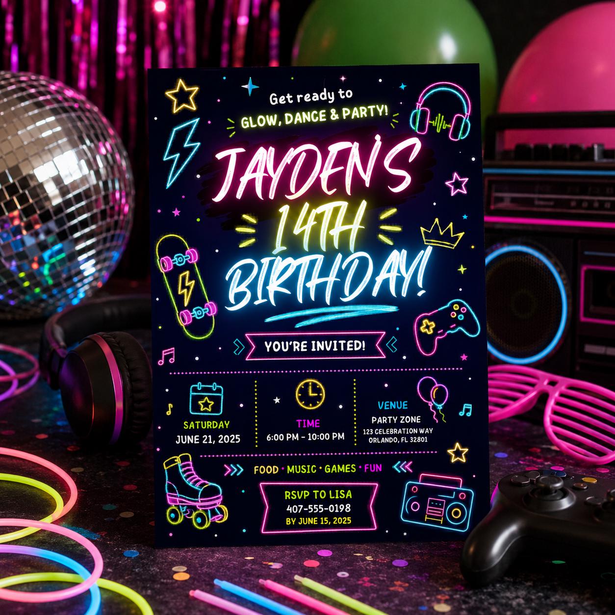 Editable Neon Glow Birthday Invitation Canva Template, Retro Teens Neon Cute Modern Fun Themed DIY Party Invite, Printable Digital Download.