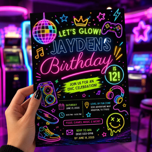 Editable Neon Glow Birthday Invitation Canva Template, Retro Teens Neon Cute Modern Fun Themed DIY Party Invite, Printable Digital Download.