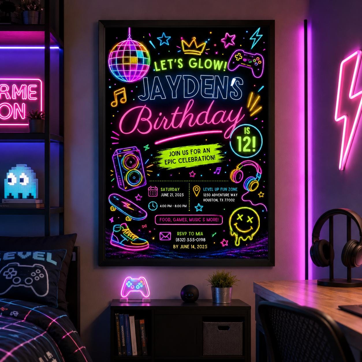 Editable Neon Glow Birthday Invitation Canva Template, Retro Teens Neon Cute Modern Fun Themed DIY Party Invite, Printable Digital Download.