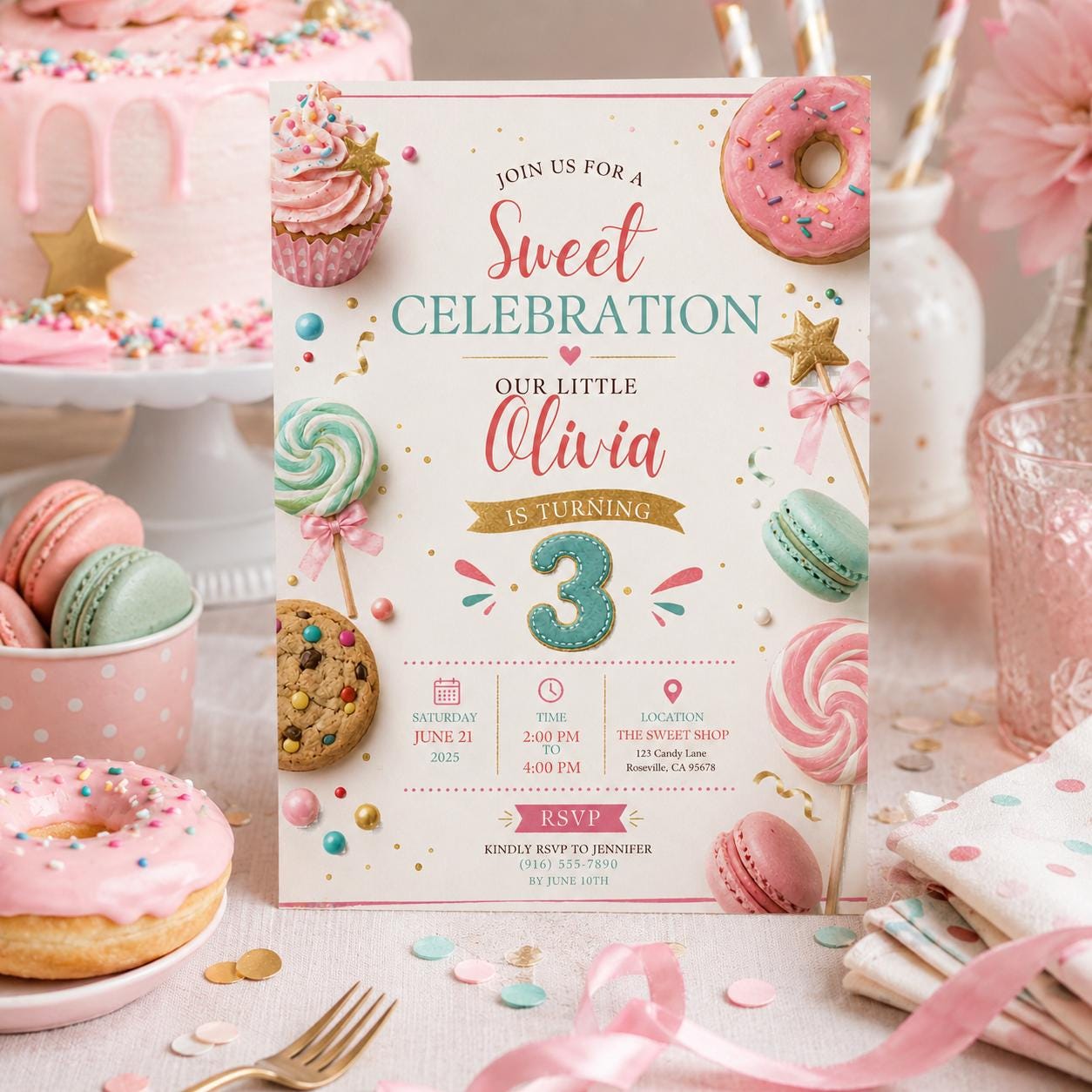 Editable Candy Birthday Invitation Canva Template, Blue Cream Boys Kids Cute Modern Fun Themed DIY Party Invite, Printable Digital Download.