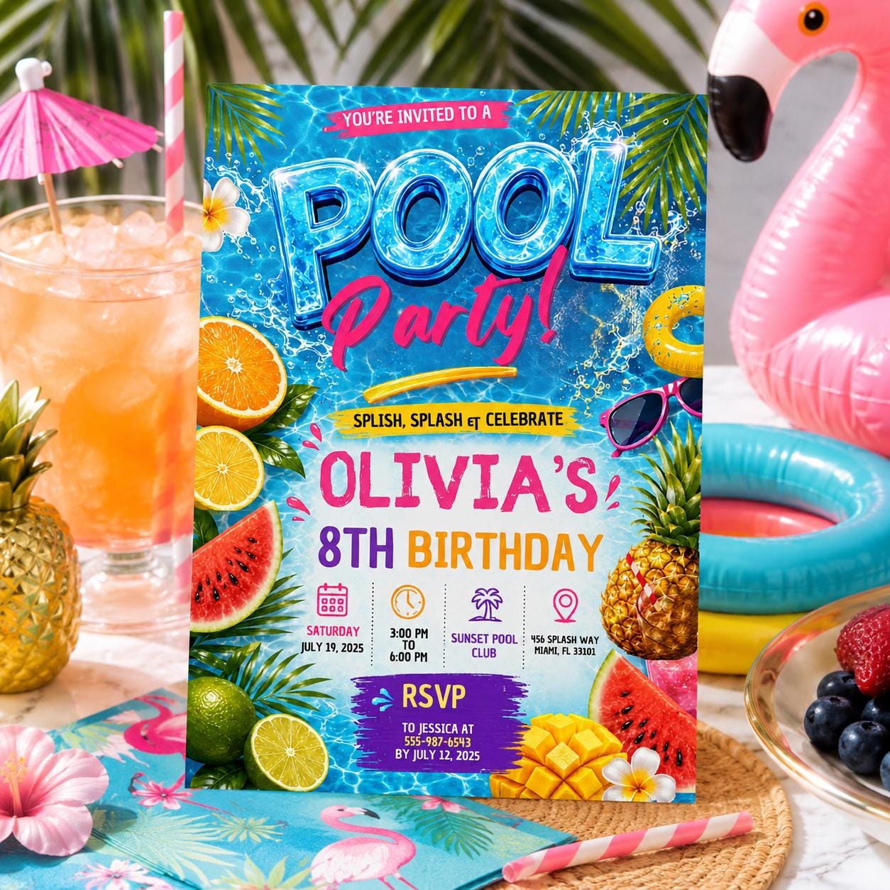 Editable Pool Birthday Invitation Canva Template, Girls Pool Cute Modern Fun Themed DIY Sweet Chic Party Invite, Printable Digital Download.