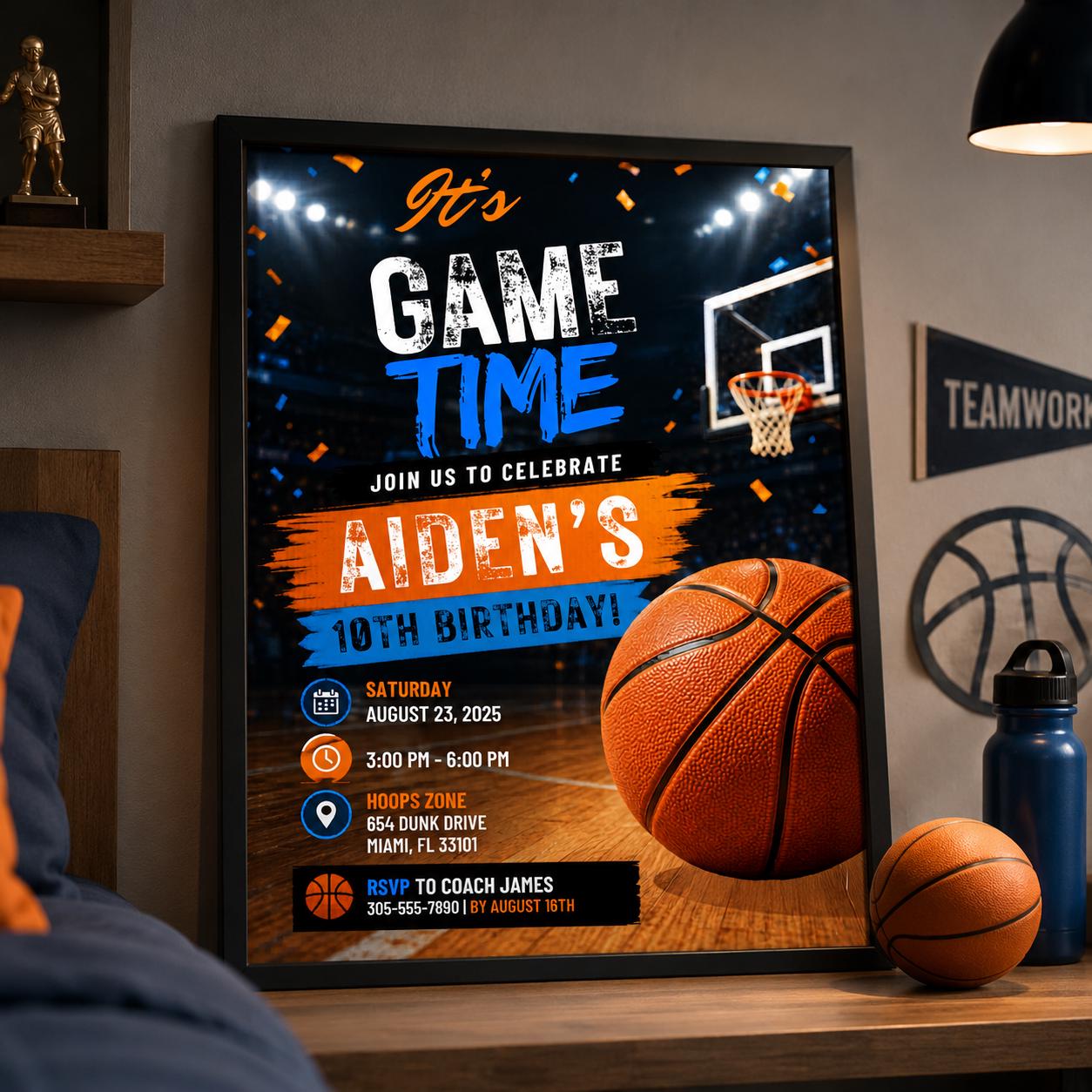 Editable Basketball Birthday Invitation Canva Template, Kids Sports Sport Cute Modern Fun DIY Chic Party Invite, Printable Digital Download.
