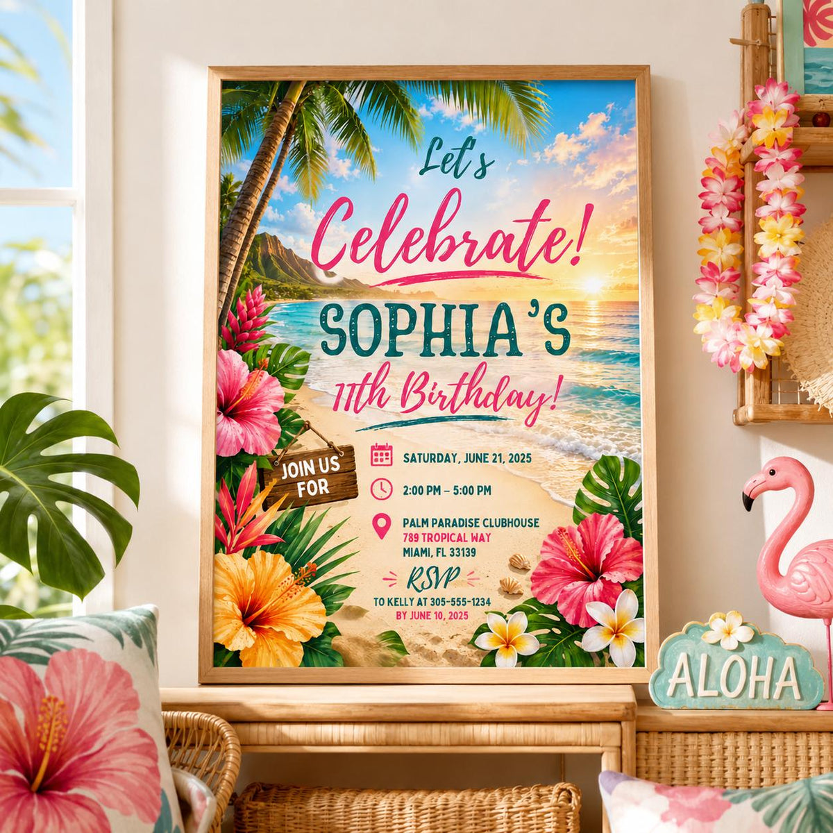 Editable Tropical Birthday Invitation Canva Template, Summer Cute Modern Fun Themed DIY Sweet Chic Party Invite, Printable Digital Download.