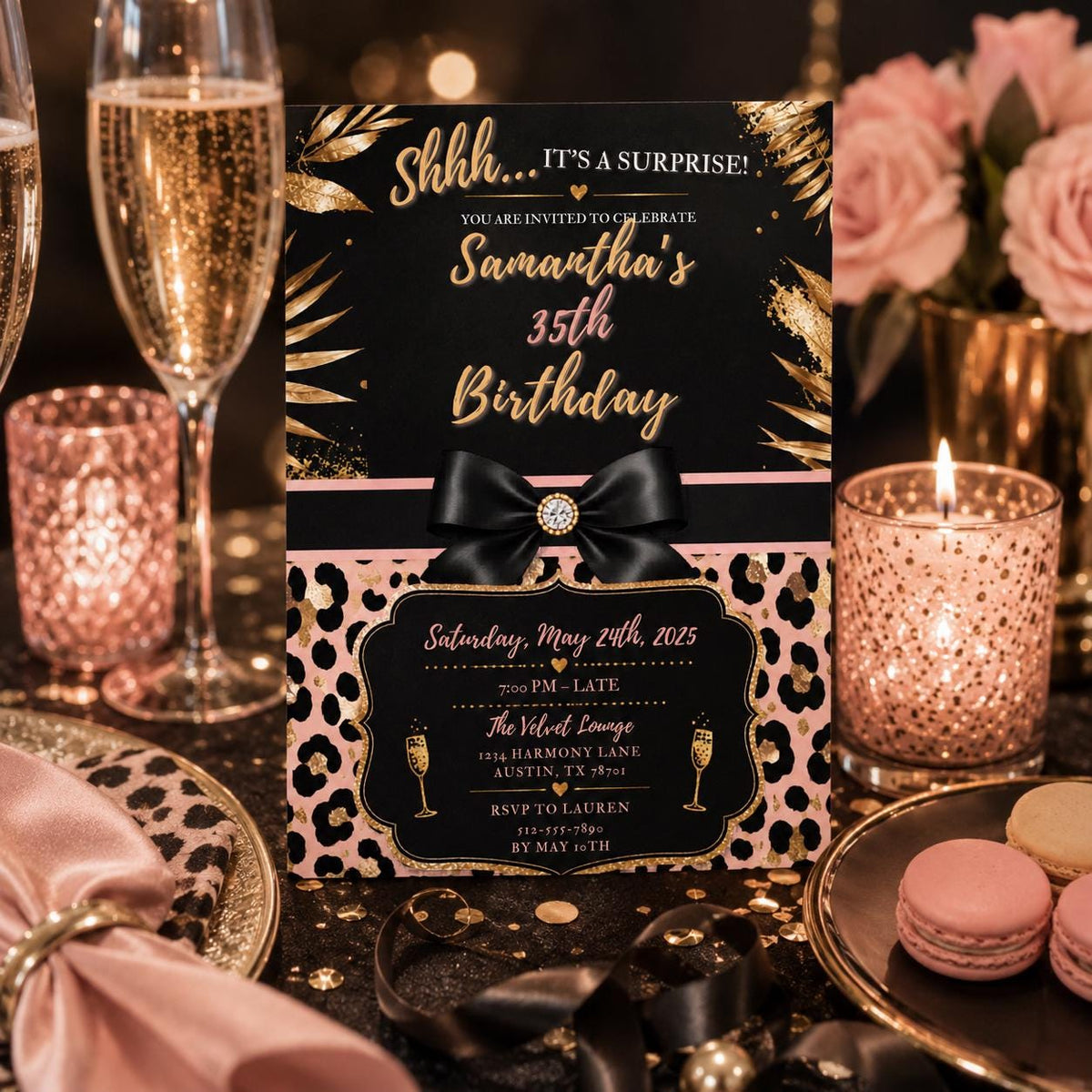 Editable Personalised Leopard Suprise Birthday Invitation Canva Template, Luxury Cute Fun DIY Chic Party Invite, Printable Digital Download.