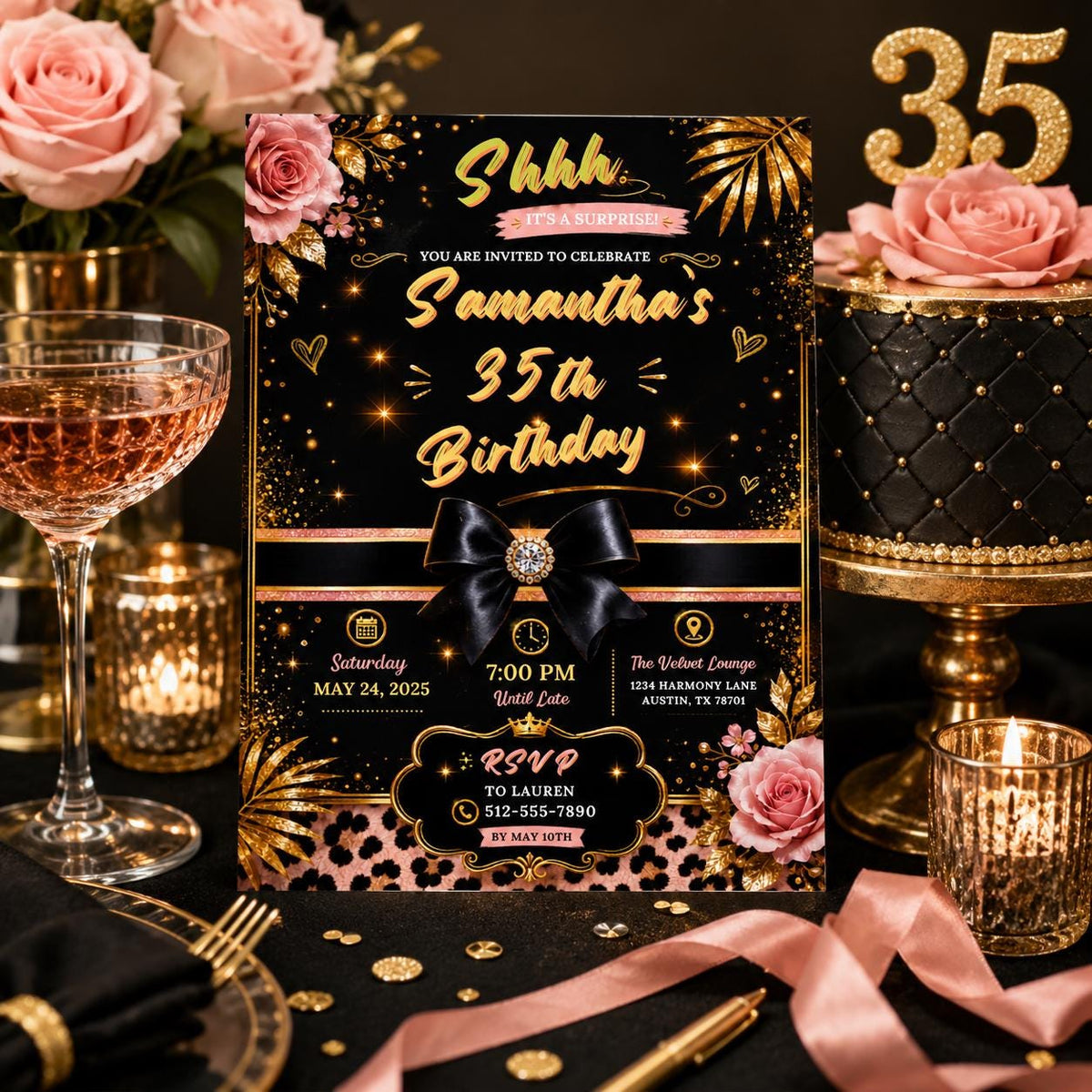 Editable Personalised Leopard Suprise Birthday Invitation Canva Template, Luxury Cute Fun DIY Chic Party Invite, Printable Digital Download.