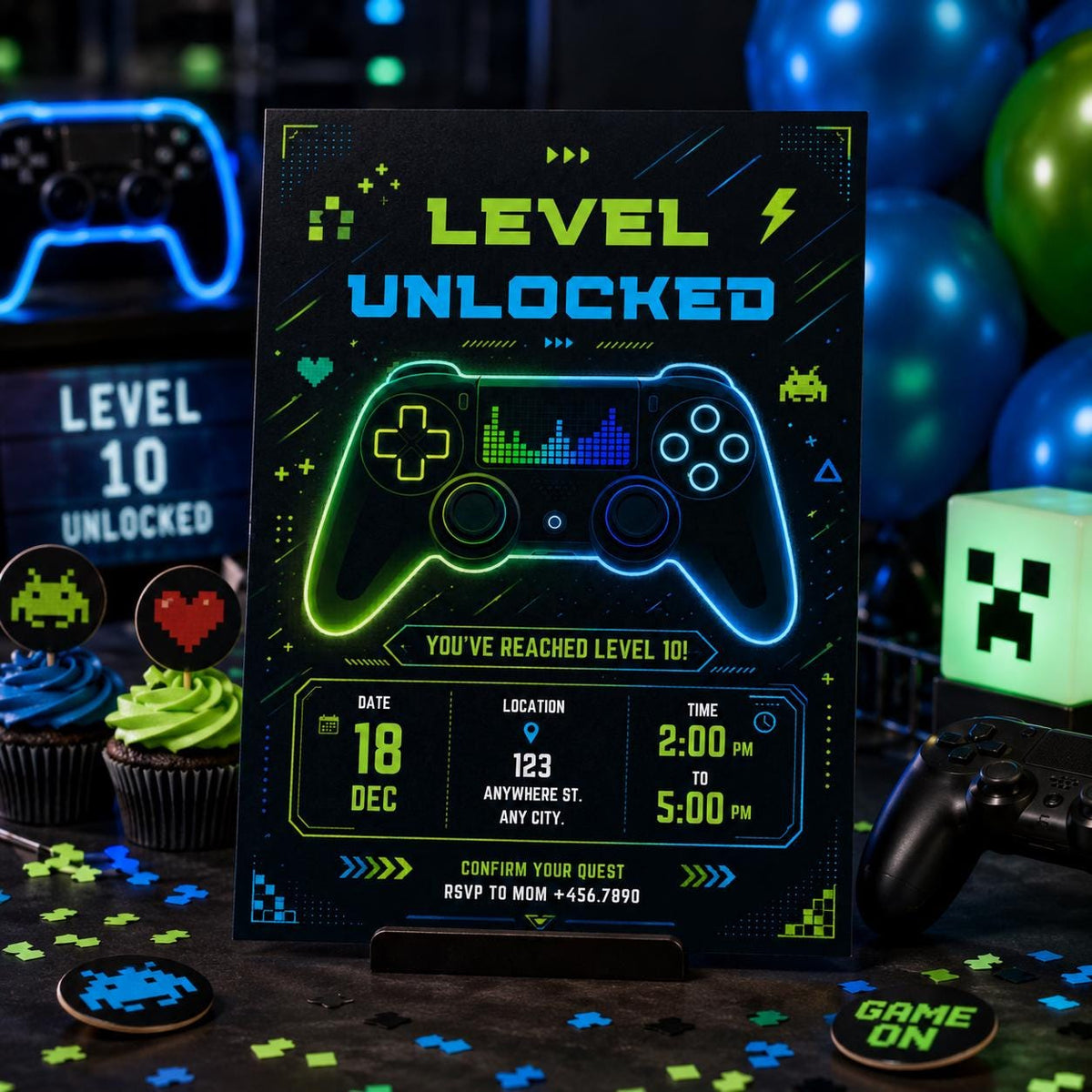 Editable Gamer Birthday Invitation Canva Template, Blue Green Neon Boys Cute Modern Fun Themed DIY Party Invite, Printable Digital Download.