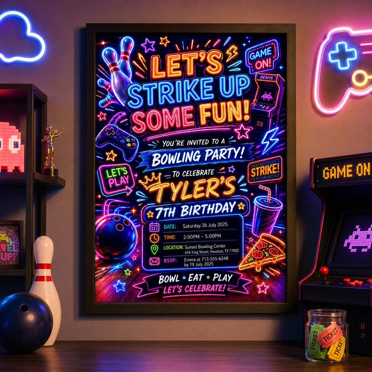 Editable Neon Glow Birthday Invitation Canva Template, Boys Neon Cute Fun DIY Sweet Chic Kids Teen Party Invite, Printable Digital Download.