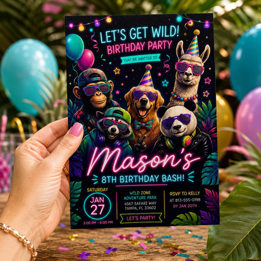 Editable Neon Glow Birthday Invitation Canva Template, Cute Kids Neon Modern Fun Themed Custom DIY Party Invite, Printable Digital Download.