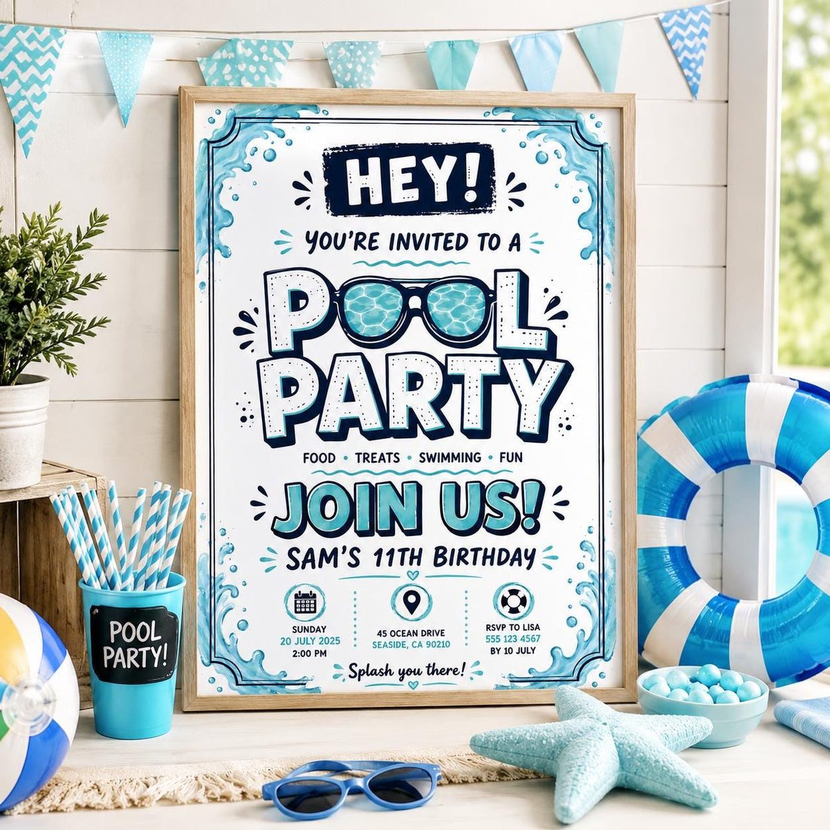 Editable Pool Birthday Invitation Canva Template, Boys Teens Pool Cute Modern Fun Themed DIY Sweet Party Invite, Printable Digital Download.