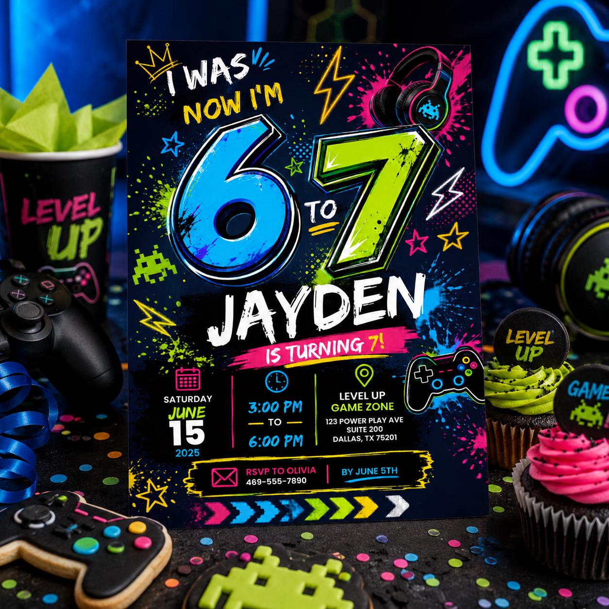 Editable Six Seven Birthday Invitation Canva Template, Boys Kids Teens Cute Modern Fun Instant DIY Party Invite, Printable Digital Download.