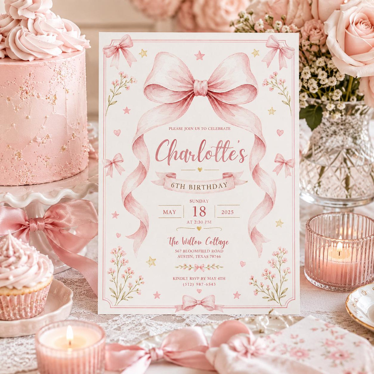 Editable Pink Bow Birthday Invitation Canva Template, Blue Floral Girls Kids Bow Cute Fun DIY Chic Party Invite, Printable Digital Download.