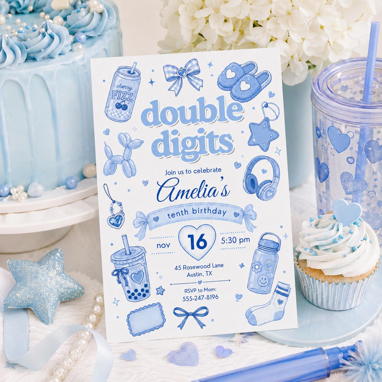 Editable Preppy Birthday Invitation Canva Template, Blue Modern Girls Kids Teens Cute Fun DIY Chic Party Invite, Printable Digital Download.