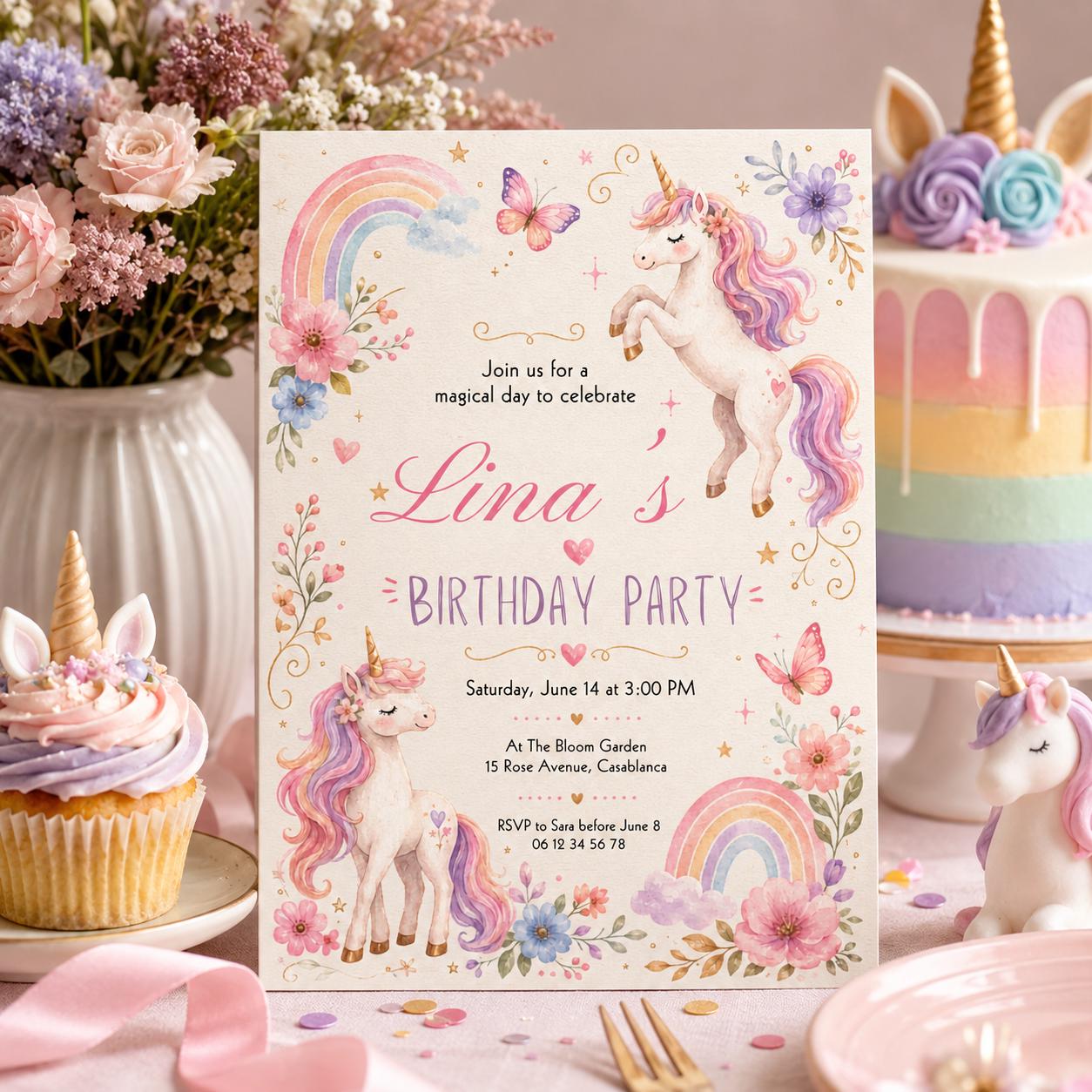 Editable Unicorn Birthday Invitation Canva Template, Pink Pastel Girls Kids Cute Fun DIY Chic Teen Party Invite, Printable Digital Download.