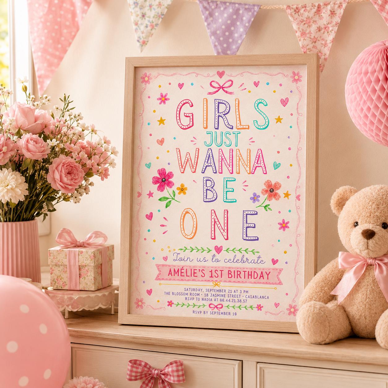 Editable Just Wanna Be One Birthday Invitation Canva Template, Pink Modern Girls Kids Cute Fun DIY Party Invite, Printable Digital Download.