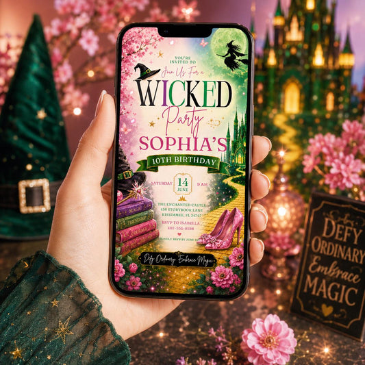 Editable Witch Magic Birthday Invitation Canva Template, Pink Green Girls Teens Witch Cute Fun DIY Party Invite, Printable Digital Download.