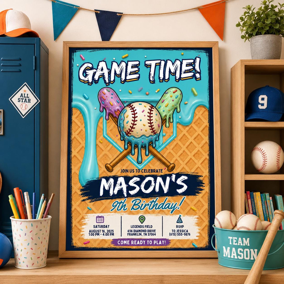 Editable Baseball Drip Birthday Invitation Canva Template, Cream Boys Kids Cute Fun DIY Sweet Chic Party Invite, Printable Digital Download.