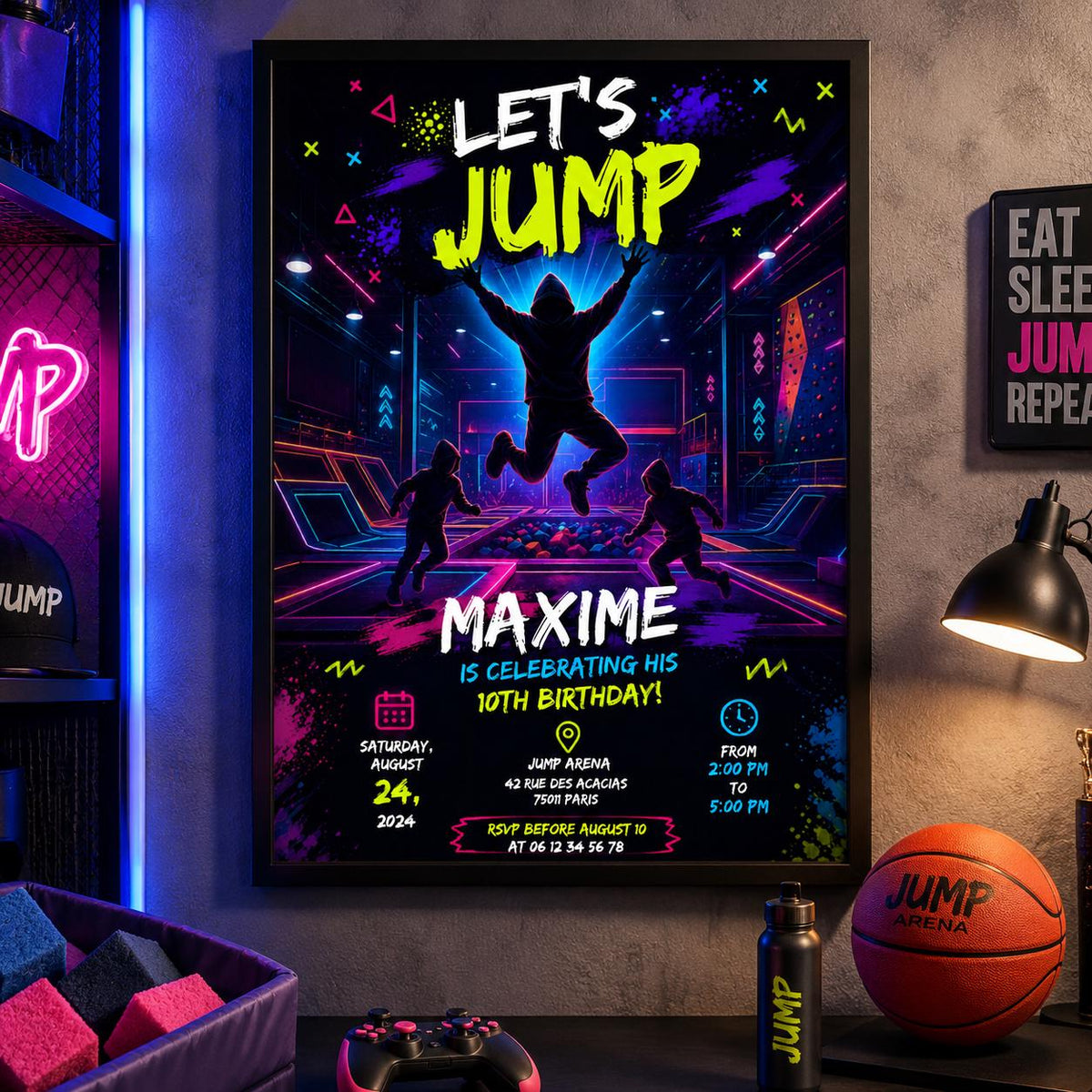 Editable Trampoline Park Birthday Invitation Canva Template, Kids Teens Cute Modern Fun Themed DIY Party Invite, Printable Digital Download.