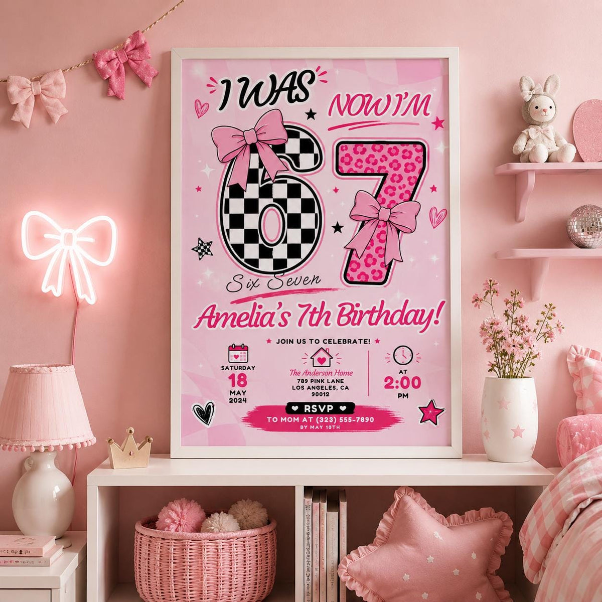 Editable Six Seven Meme Birthday Invitation Canva Template, Girls Kids Cute Modern Fun Instant DIY Party Invite, Printable Digital Download.
