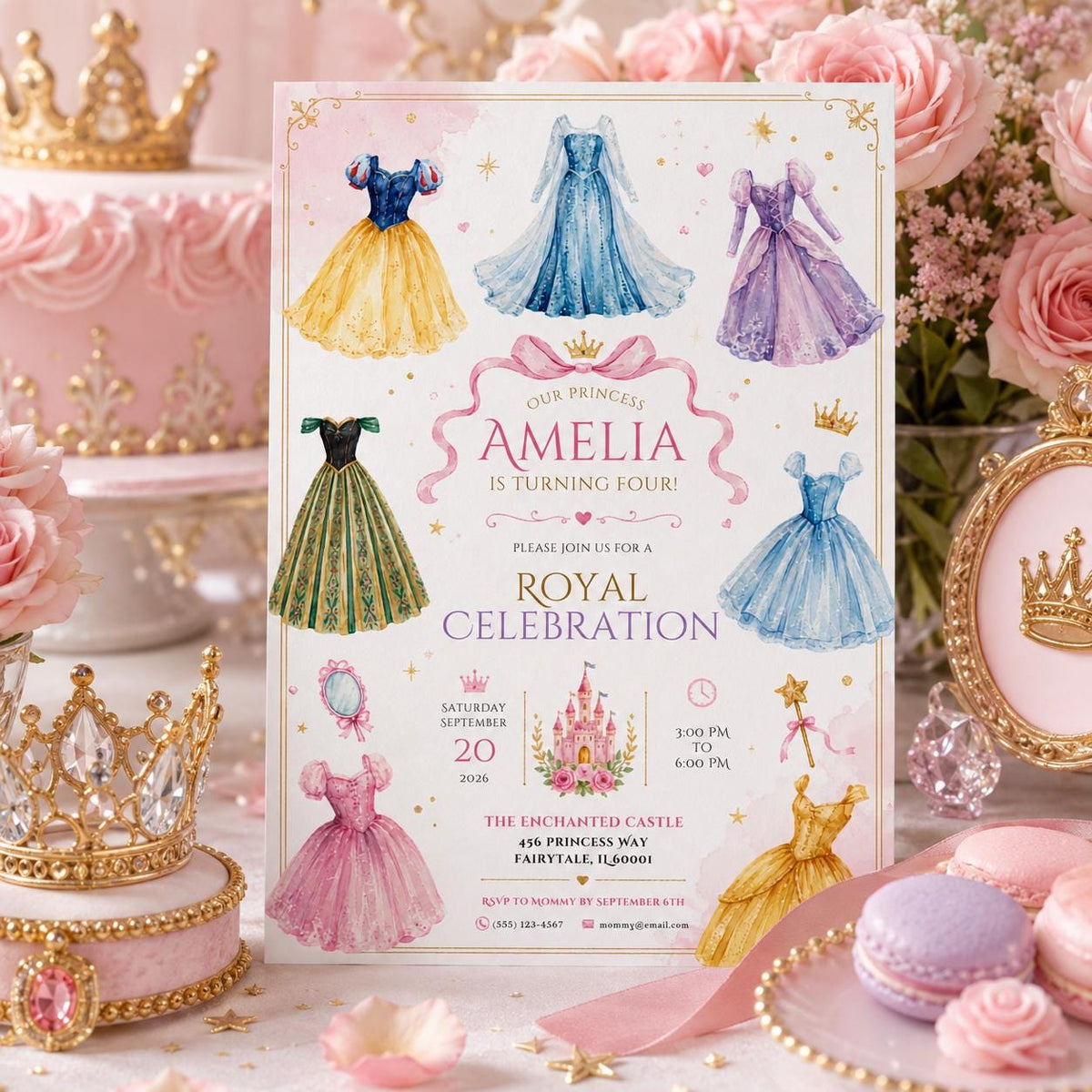 Editable Princess Birthday Invitation Canva Template, Luxury Girls Cute Modern Fun Themed DIY Chic Party Invite, Printable Digital Download.