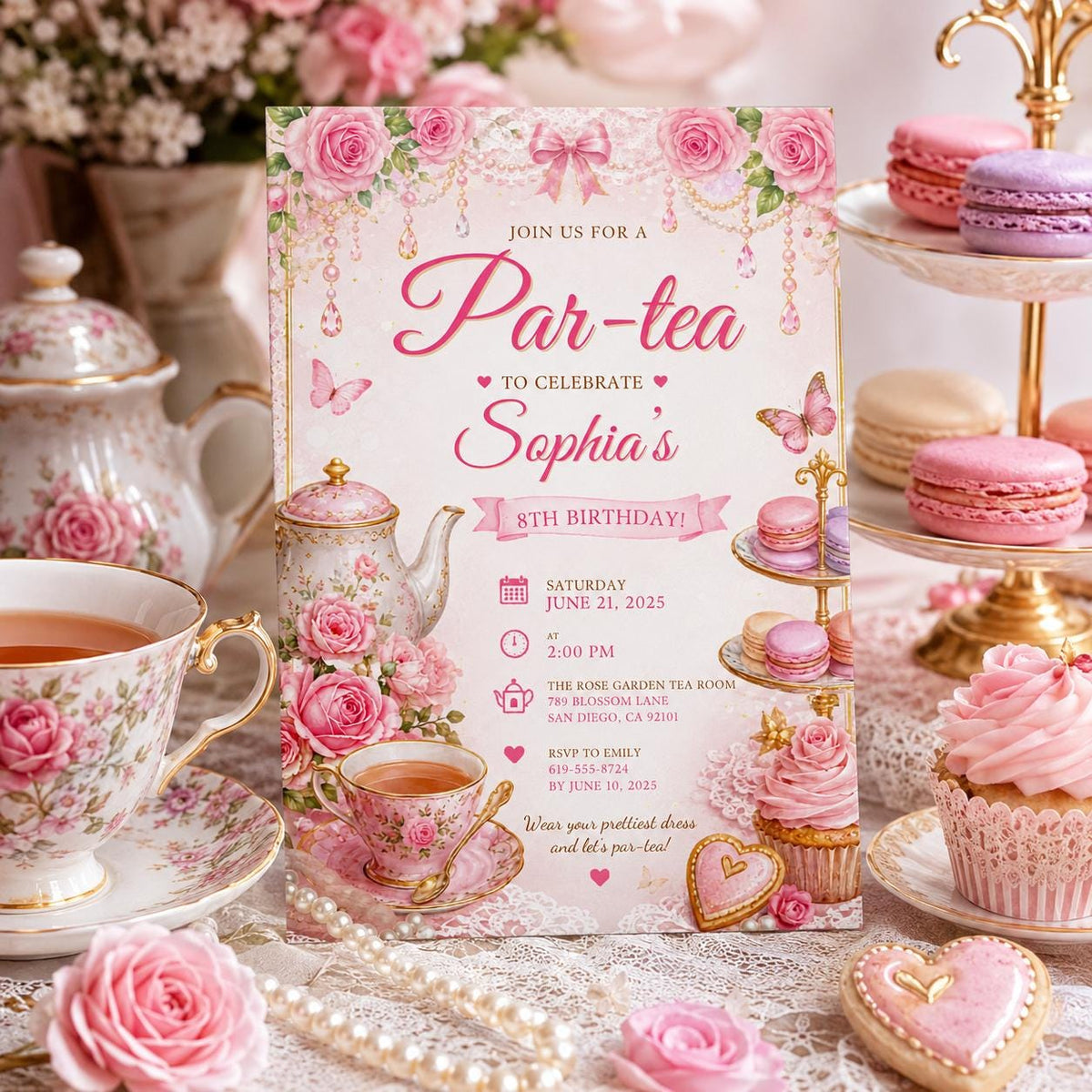 Editable Tea Birthday Invitation Canva Template, Pink Floral Girls Tea Cute Fun DIY Chic Kids Teen Party Invite, Printable Digital Download.