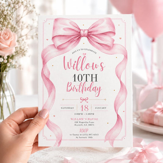 Editable Pink Bow Birthday Invitation Canva Template, Cute Girls Teens Bow Fun DIY Sweet Chic Kids Party Invite, Printable Digital Download.