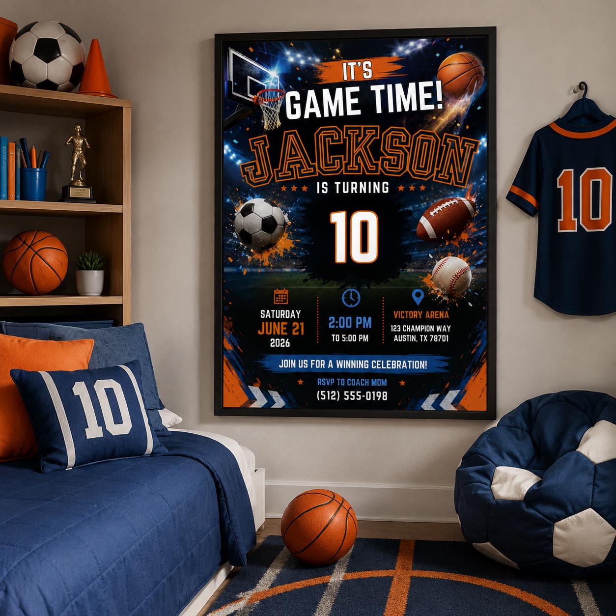 Editable Sports Birthday Invitation Canva Template, Boys Sports Sport Cute Fun DIY Sweet Chic Kids Party Invite, Printable Digital Download.