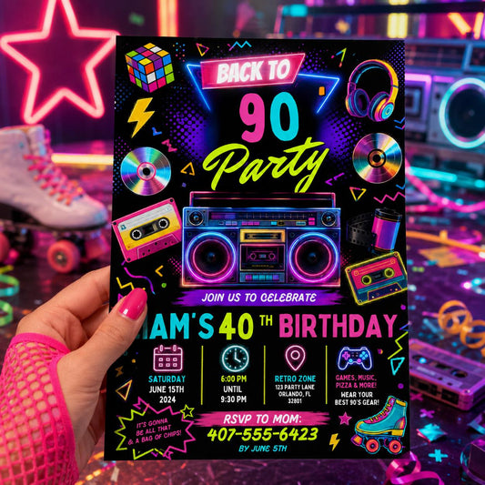 Editable Neon Glow Birthday Invitation Canva Template, Retro Neon Cute Modern Fun Themed DIY Sweet Party Invite, Printable Digital Download.