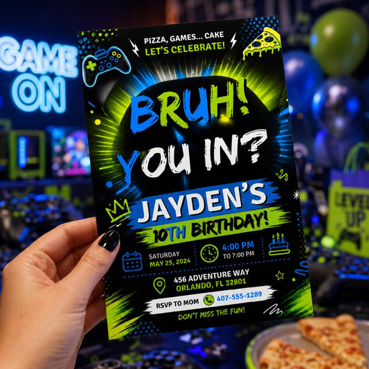 Editable Neon Glow Birthday Invitation Canva Template, Boys Teens Neon Cute Fun DIY Chic Kids Teen Party Invite, Printable Digital Download.