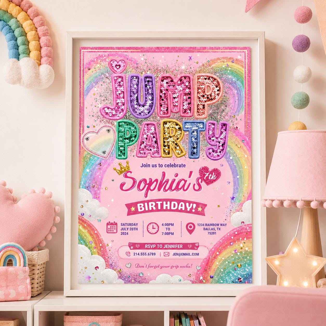 Editable Trampoline Park Birthday Invitation Canva Template, Cute Modern Fun Themed DIY Sweet Chic Party Invite, Printable Digital Download.