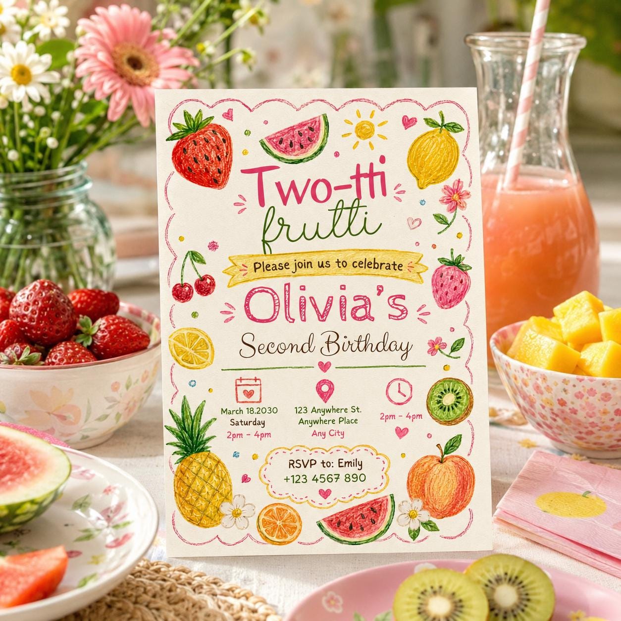 Editable Two-tti Frutti Second Birthday Invitation Canva Template, Kids Cute Modern Fun Themed DIY Party Invite, Printable Digital Download.