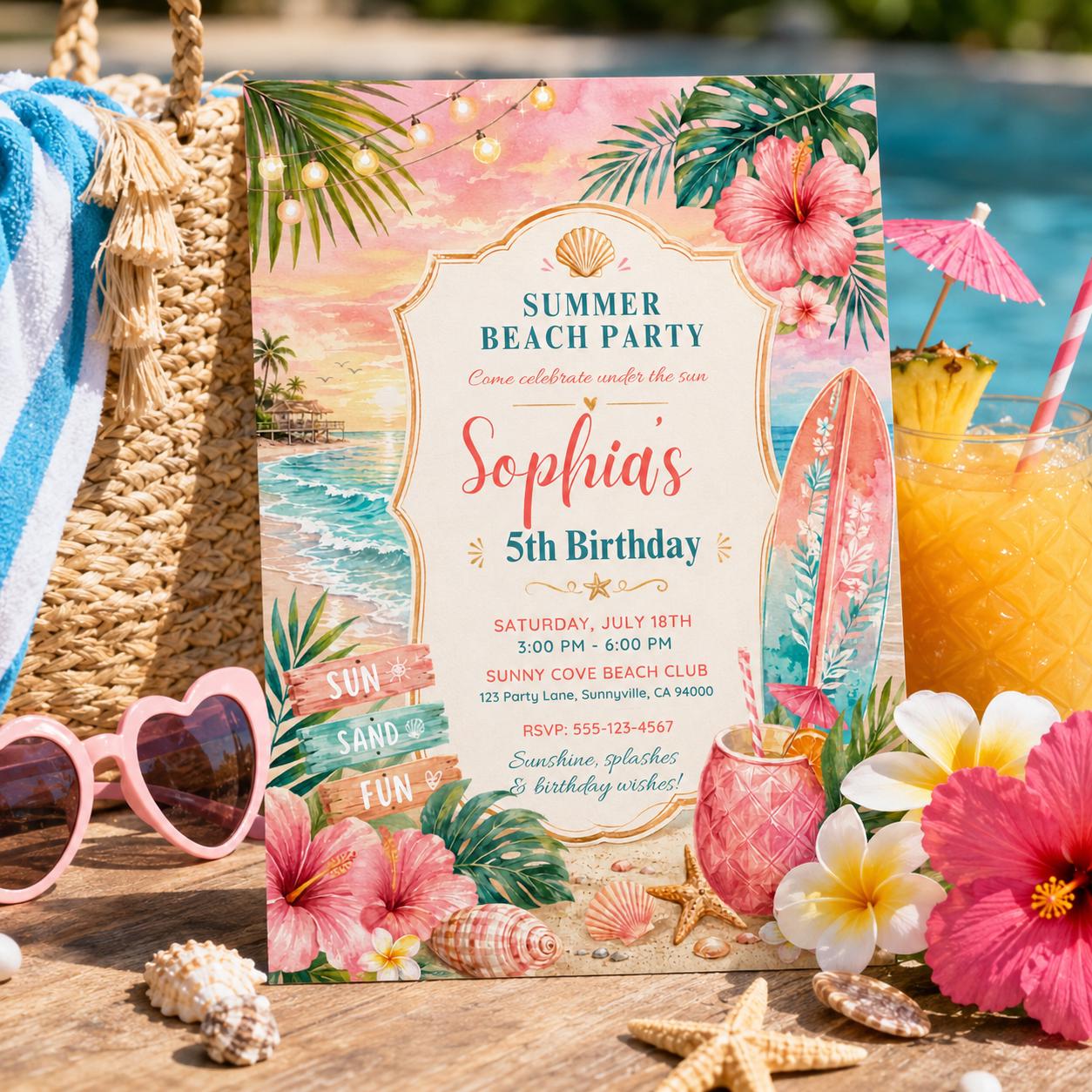 Editable Beach Birthday Invitation Canva Template, Pink Girls Beach Cute Modern Fun DIY Sweet Chic Party Invite, Printable Digital Download.