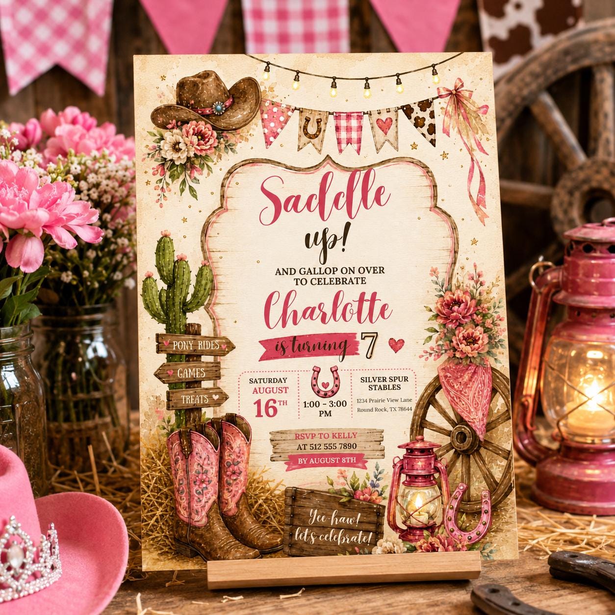 Editable Floral Birthday Invitation Canva Template, Pink Girls Floral Cute Fun DIY Sweet Chic Kids Party Invite, Printable Digital Download.