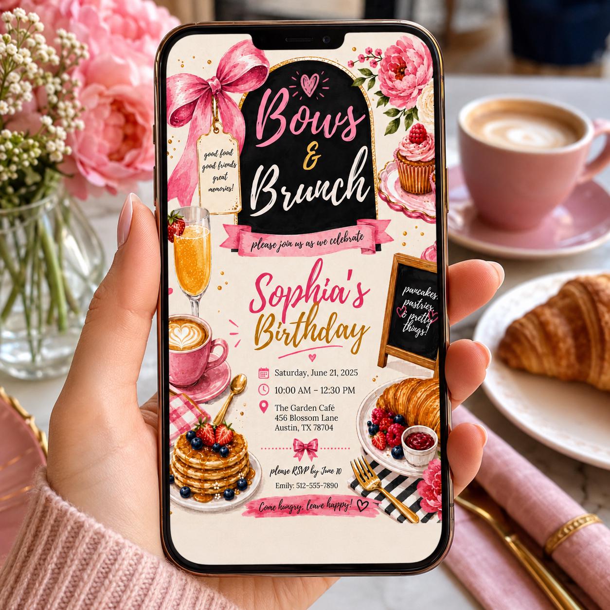 Editable Pink Bow Birthday Invitation Canva Template, Girls Adult Bow Cute Fun DIY Sweet Chic Kids Party Invite, Printable Digital Download.