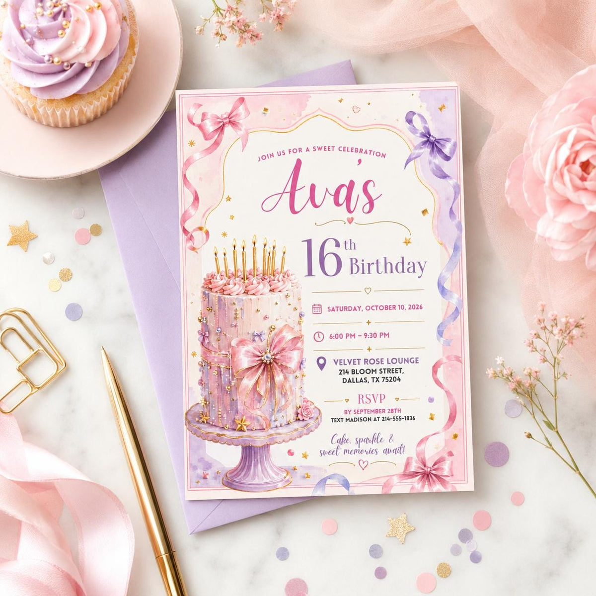 Editable Sweet Treats Birthday Invitation Canva Template, Pink Luxury Girls Kids Cute Fun DIY Chic Party Invite, Printable Digital Download.