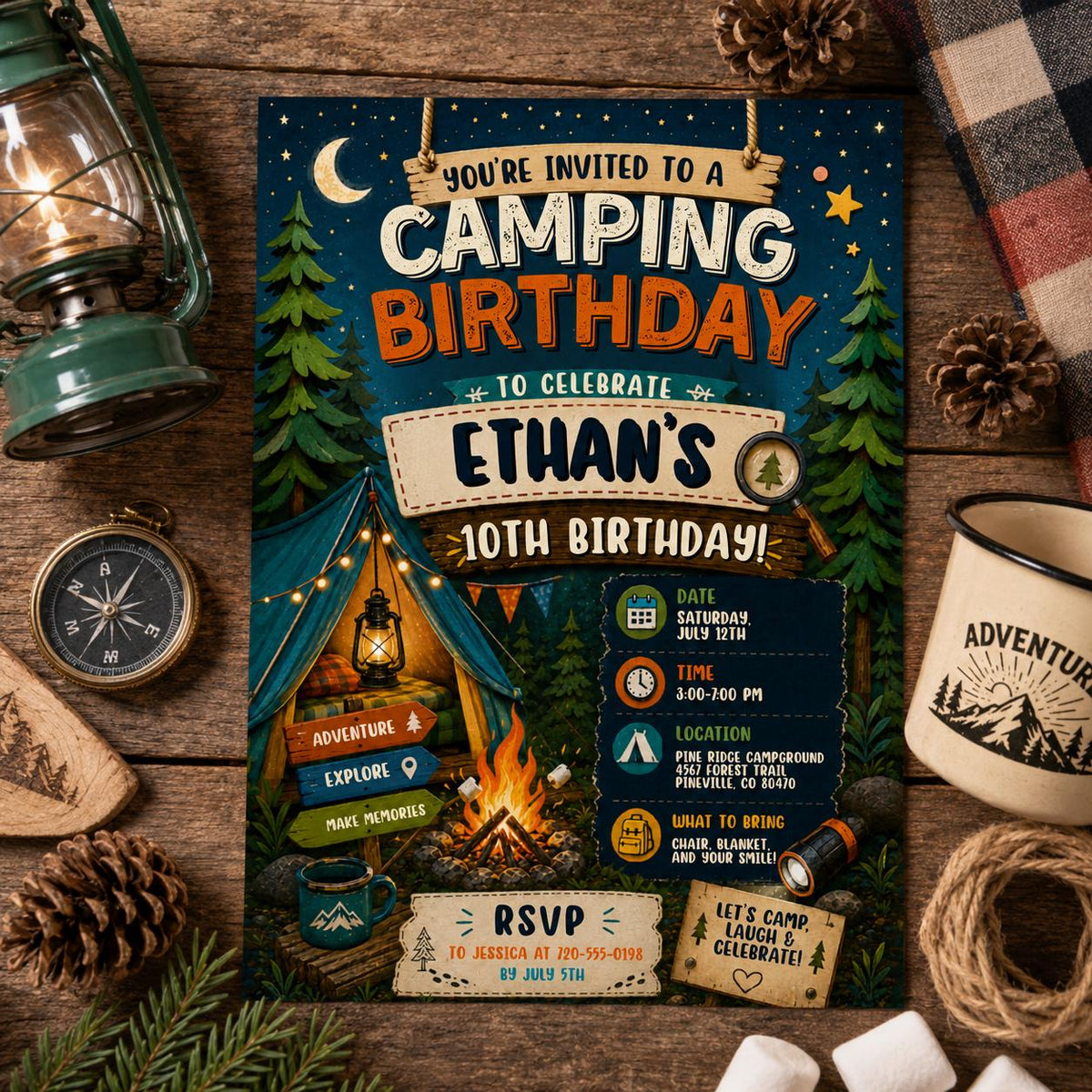 Editable Camping Birthday Invitation Canva Template, Kids Cute Fun DIY Sweet Chic Teen Tween Adult Party Invite, Printable Digital Download.