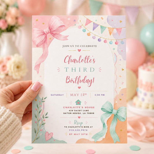 Editable Pastel Birthday Invitation Canva Template, Pink Floral Girls Cute Fun DIY Sweet Chic Kids Party Invite, Printable Digital Download.