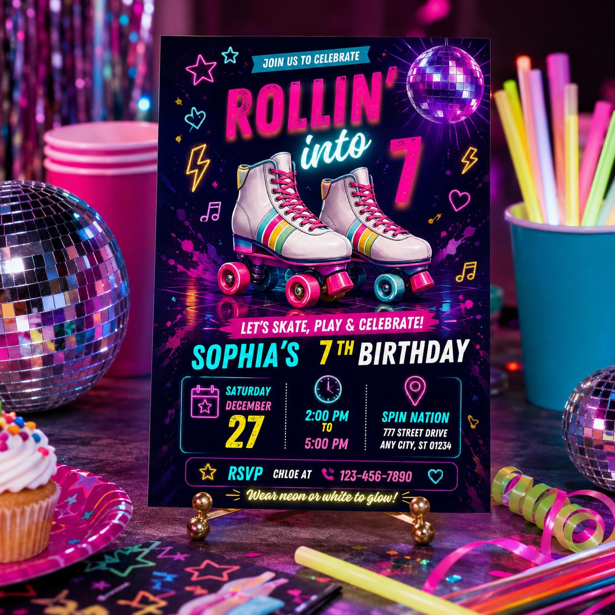 Editable Skate Birthday Invitation Canva Template, Pastel Neon Kids Skate Cute Modern Fun DIY Chic Party Invite, Printable Digital Download.