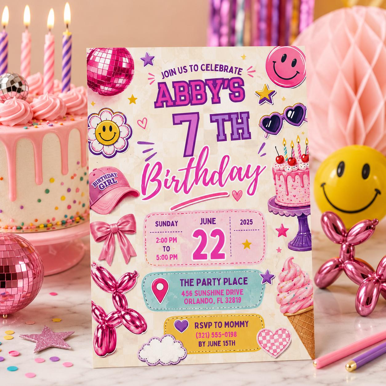 Editable 6-7 Birthday Invitation Canva Template, Red Kids Teens Cute Fun DIY Sweet Chic Teen Tween Party Invite, Printable Digital Download.